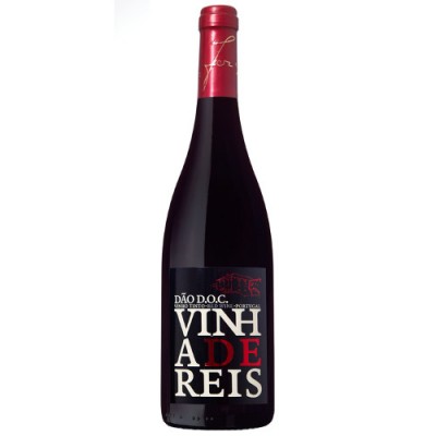 Garrafa de vinho tinto Vinhade Reis DÃO D.O.C. com rótulo preto e letras brancas e vermelhas