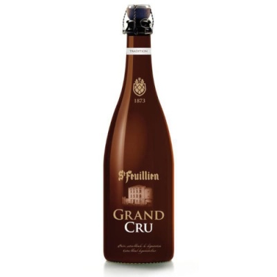 Garrafa de cerveja St Feuillien Grand Cru castanha com etiquetas douradas.