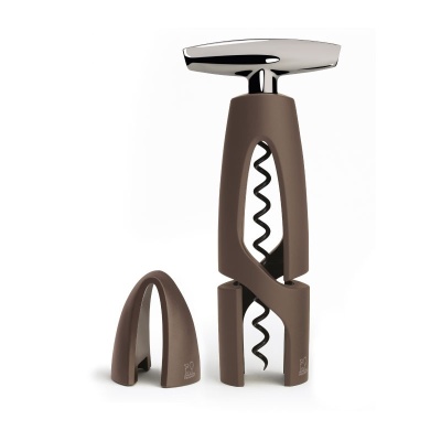 Saca-rolhas castanho com aço inoxidável e tampa removível