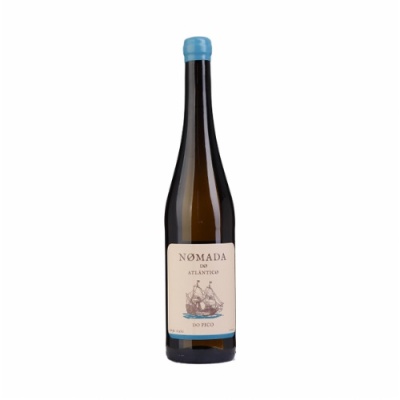 Garrafa de vinho branco Nomada do Atlântico com rótulo e tampa azul