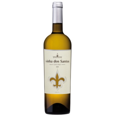 Garrafa de vinho branco Vinha dos Santos com rótulo creme e flor-de-lis dourada