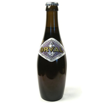 Garrafa de cerveja Orval em vidro castanho com rótulo branco e roxo.