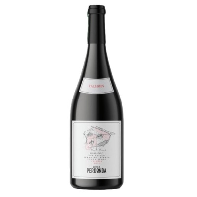 Garrafa de vinho tinto PERDONDA com rótulo branco e ilustração de peixe