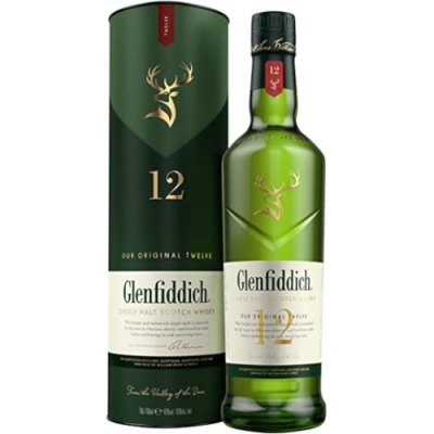 Garrafa verde de whisky Glenfiddich 12 anos com embalagem cilíndrica verde