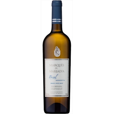 Garrafa de vinho branco Marques de Marialva com rotulo branco e tampa azul