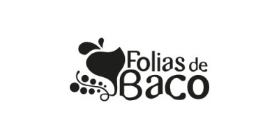 Logo preto e branco com maçã, bagas e texto Folias de Baco