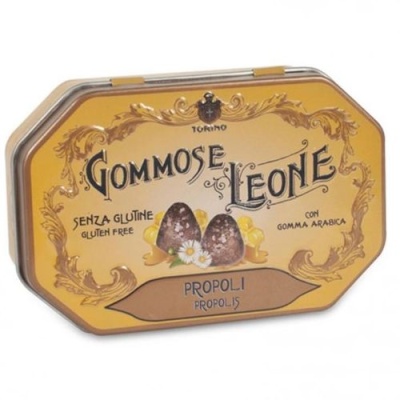 Lata metálica amarela vintage de pastilhas Gommose Leone sabor propolis
