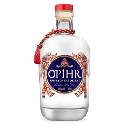 Garrafa de gin OPIHR London Dry com rótulo azul e cordão vermelho