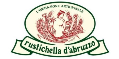 Logótipo rustichella d'abruzzo com figura humana e espigas de trigo em oval creme
