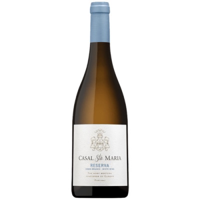 Garrafa de vinho branco Reserva Casal Sta Maria com rolha azul e rótulo branco