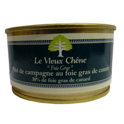 Lata de paté de campanha Le Vieux Chêne Foie Gras com rótulo azul