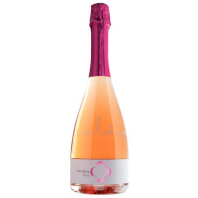 Garrafa de espumante rosé com etiqueta branca e tampa rosa