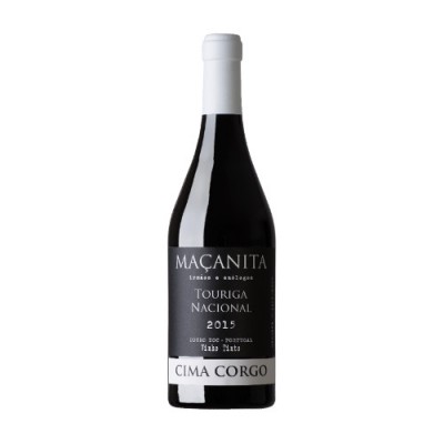 Garrafa de vinho Touriga Nacional 2015 com rótulo preto e cápsula branca