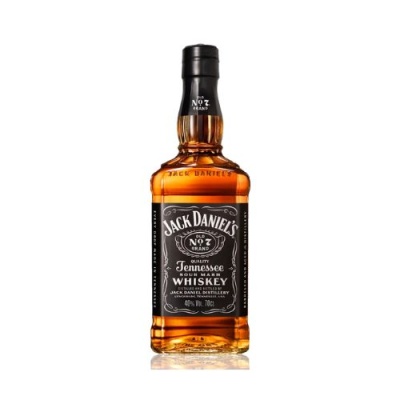 Garrafa de whiskey Jack Daniels Old No. 7 com rótulo preto e tampa preta