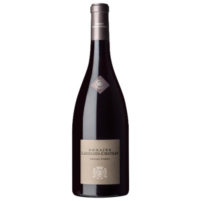 Garrafa de vinho Domaine Langlois-Chateau com rótulo cinza e tampa metálica cinza