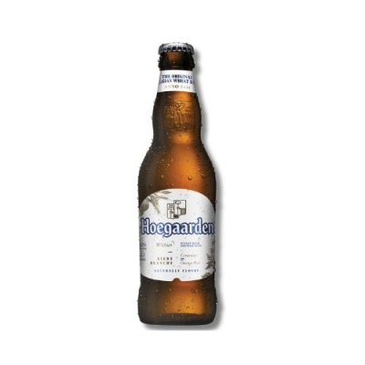 Garrafas de cerveja Hoegaarden castanho com rótulo branco e texto azul.