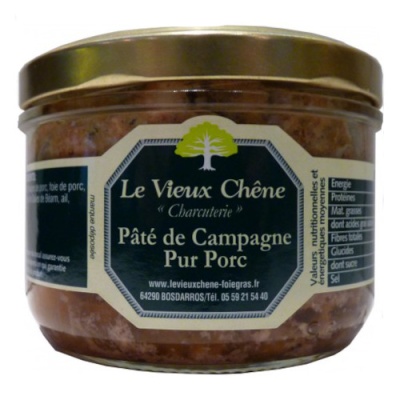 Frasco de vidro com paté de carne de porco e rótulo azul