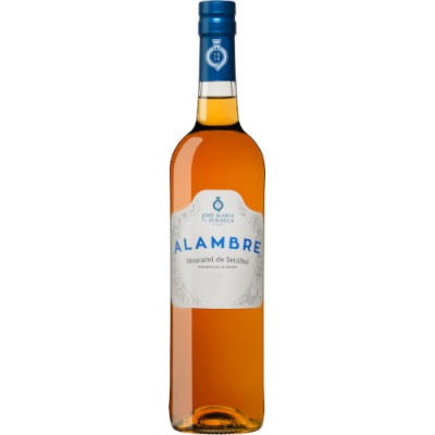 Garrafa de vinho âmbar com rótulo branco e texto azul
