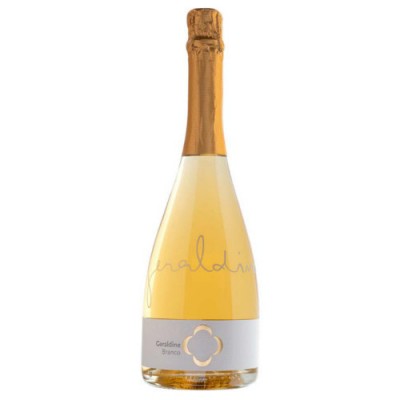 Garrafa de vinho espumante Carldine Bianca com rótulo cinza e tampa dourada.