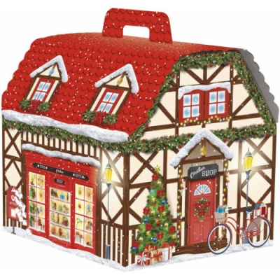 Caixa decorativa em forma de casa com tema natalício e detalhes coloridos