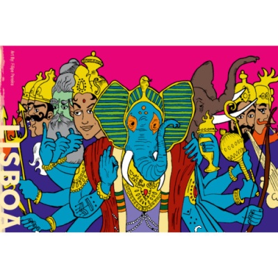 Ilustração colorida com figuras mitológicas indianas e texto LISBOA