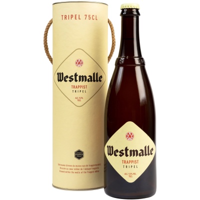 Garrafa de cerveja Westmalle Trappist Tripel e embalagem cilíndrica creme com alça de corda