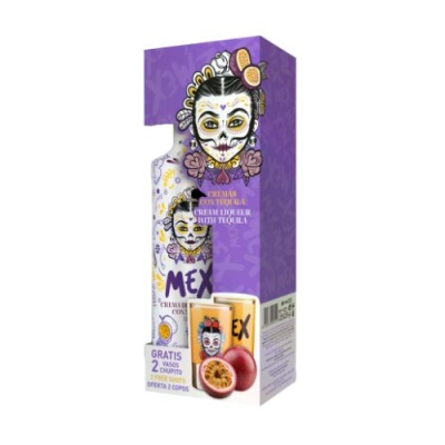 Embalagem e garrafa de licor com design mexicano e oferta de copos