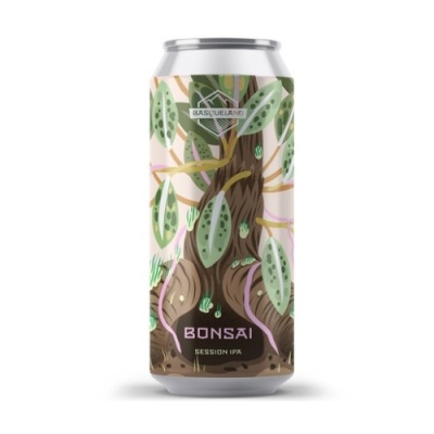 Lata de cerveja Bonsai Session IPA com desenho de árvore e folhas verdes