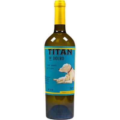 Garrafa de vinho branco Titan of Douro com rótulo azul e amarelo e imagem de cão