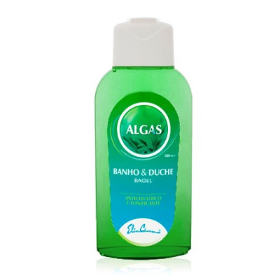 Frasco verde de gel de banho ALGAS com rótulo azul e tampa branca