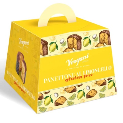 Embalagem amarela de cartão para Panettone al Limoncello sem glúten da marca Vergani com ilustrações temáticas
