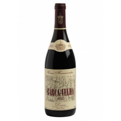 Garrafa de vinho Barca-Velha 1995 da Casa Ferreirinha com rótulo creme e vermelho