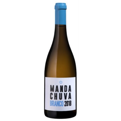 Garrafa de vinho branco Manda Chuva Branco 2018 com rolha azul e rótulo branco