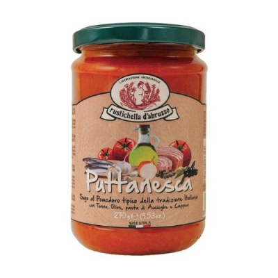 Frasco de molho Puttanesca com rótulo bege e tampa verde