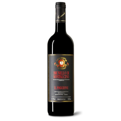 Garrafa de vinho tinto Brunello di Montalcino com rótulo preto e detalhes vermelhos e dourados.