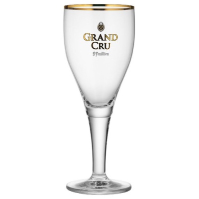 Copo de vidro transparente para cerveja com borda dourada e letras GRAND CRU