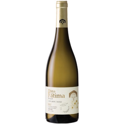 Garrafa de vinho branco Dona Fátima reserva 2017 com rótulo branco e dourado