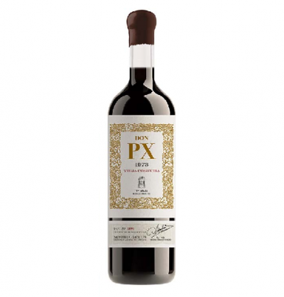 Garrafa de vinho DON PX 1873 com rótulo branco e dourado