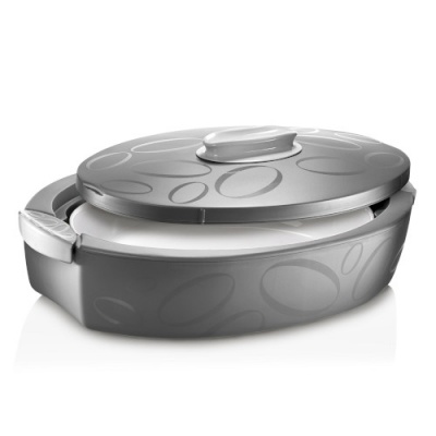 Caçarola cinza com padrão oval e tampa, sobre fundo branco.