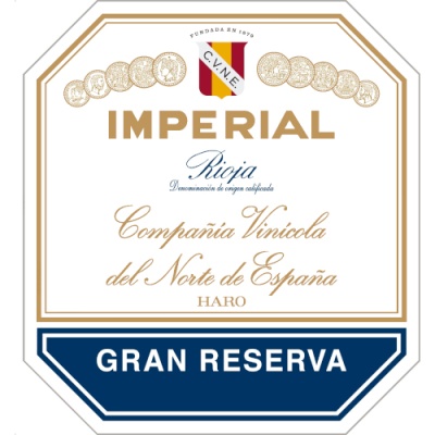 Etiqueta de vinho Imperial Rioja em branco, dourado e azul