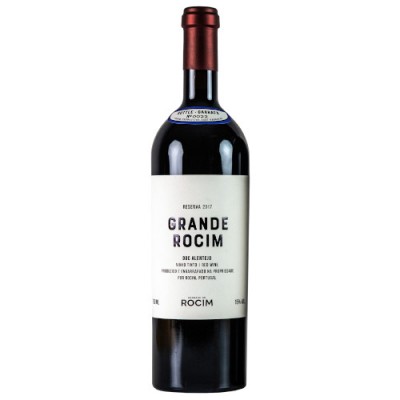 Garrafa de vinho Grande Rocim Reserva 2017 com rótulo branco e tampa vermelha