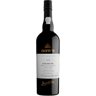 Garrafa de vinho do Porto Dow's Colheita 1996 com rótulo branco e tampa preta