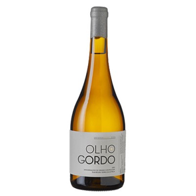 Garrafa de vinho branco OLHO GORDO com rótulo branco e rolha prateada