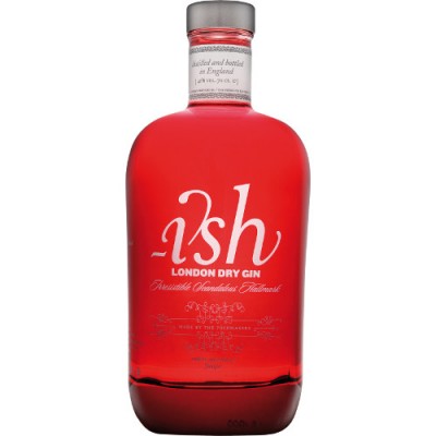 Garrafa de gin London Dry 'ish' vermelha com texto branco e tampa cinza