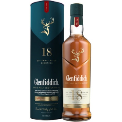 Garrafa e embalagem de whisky Glenfiddich 18 anos