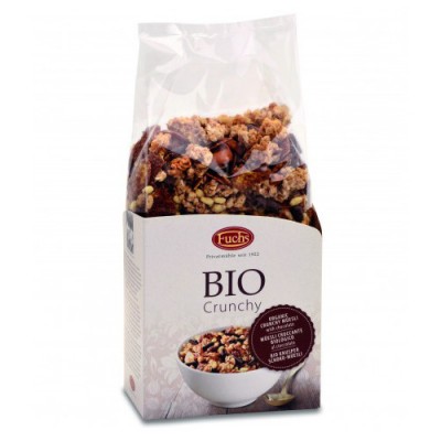 Pacote de granola BIO Crunchy marca Fuchs com tigela de granola
