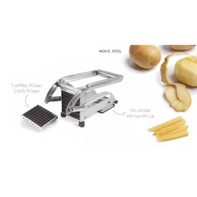 Cortador de batatas em aço inoxidável com grelhas intercambiáveis e base de silicone