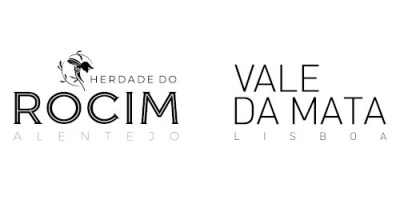 Logótipos pretos e brancos de 'HERDADE DO ROCIM ALENTEJO' com abelha e 'VALE DA MATA LISBOA'
