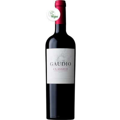 Garrafa de vinho tinto GÁUDIO CLASSICO 2016 com rótulo e selo VEGAN