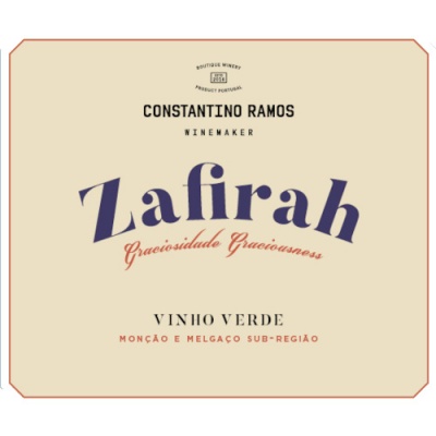 Rótulo de vinho Zafirah com texto em várias cores e estilos sobre fundo bege